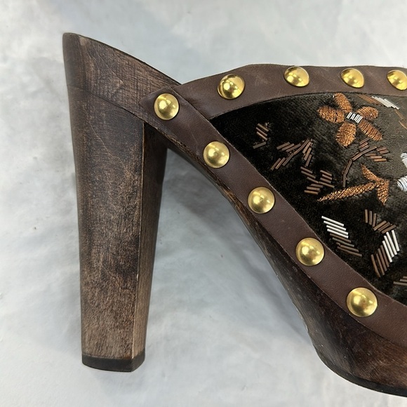 Miu Miu Italian Brown Velvet Embroidered Studded Heeled Clogs - Picture 7 of 9